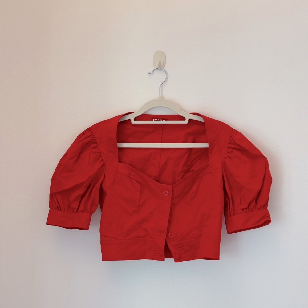 STAUD red puff sleeve cotton poplin crop top size 2